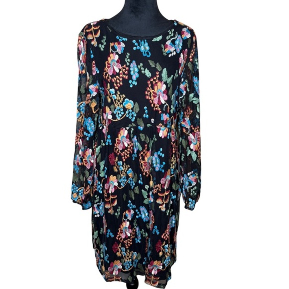 Philosophy Dresses Sz L‎ Black Embroidered Floral Mesh Long Sleeve Dress